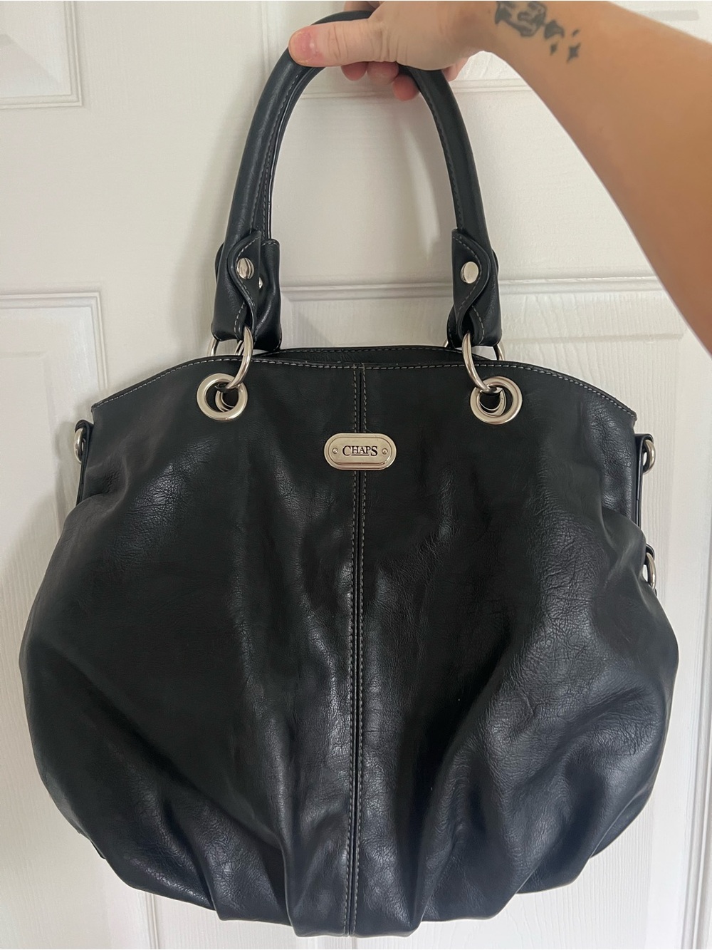 Chaps Black Faux Leather Tote with Silver Hardware